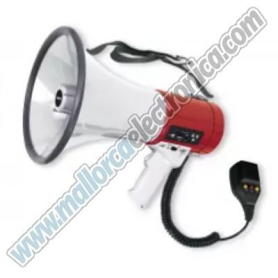 Megáfono con sirena, reproductor USB/SD/MP3, grabador de 15 segundos, batería de Litio recargable y micrófono de mano.