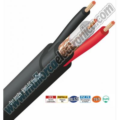  Cable Coaxial + Alimentación 0,55mm² LSZH  0,58 mm CCS + 3,70 mm PE  Pantalla Trenza CCA 85%  2 x (0,55 mm² Cu + 2,00 mm PE)  Ø Exte