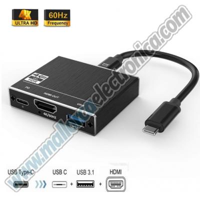Adaptador  Hdmi 3.0 A 3 tipos C a USB 2.0 HDMI HUB 4K 60Hz 100W puerto de carga.